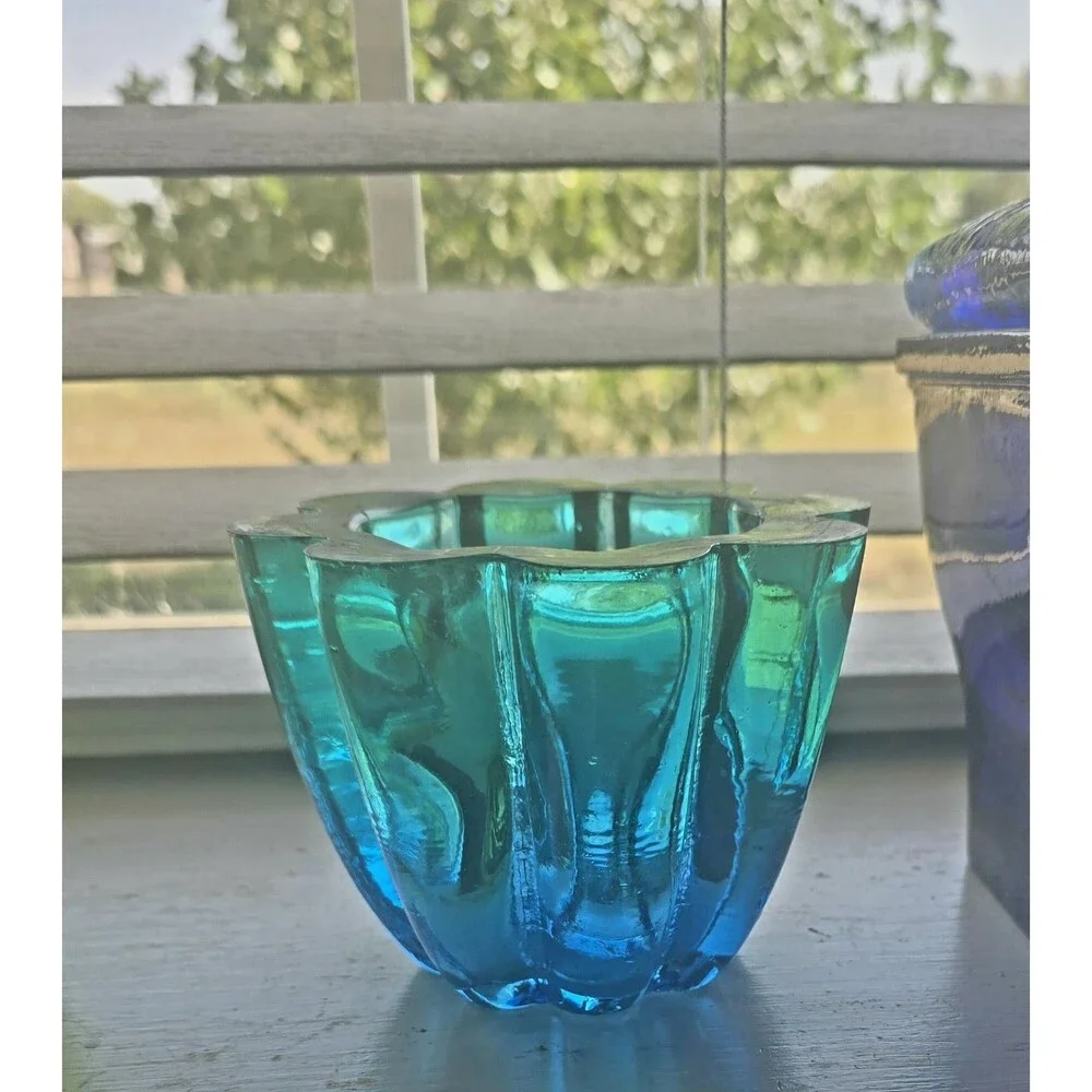 Vintage recycled glass votive bowl in Turquoise Blue/ Green Ombre Made in Spain